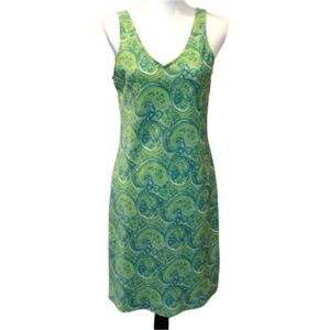 12 ladies Vibrant green and blue knee-length sleeveless V-neck dress (13b)